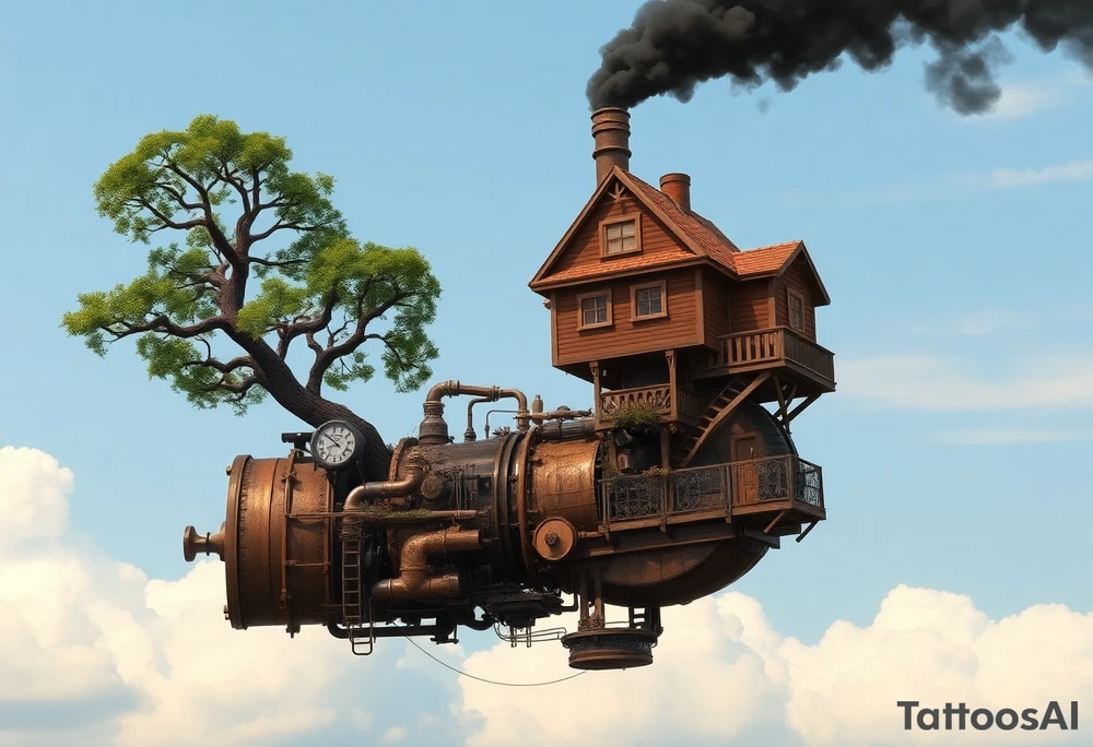 tree growing out of a v shaped engine with lots of pipes, guages and steam around the engine 
 with a smoke stack coming out of the top 
 billowing black smoke as if the tree and engine were a flying machine flying through the air 
 with an extreme steam punk vibe alot more steam punk 
it should look somewhat like a hot air baloon where the tree is the balloon and the machine is the basket but they are together as one unit, and the sky should have clouds in the back ground as if it were chugging along flying through the sky and needs to look extremely steam punk
the smoke stack should be coming out of the tree and the smoke should be trailing behind the machine 
the tree is the actual smoke stack for the machine 
the smoke stack should be a branch pointing up and out with smoke billowing out of it 
and the motor should be a motor that is kind of shaped like the letter V
and there should be a little tree house built in the tree with steam punk looking windows and some stairs down to a platform on the top of the engine 
the tree house shouold be built into the tree as if it were grown into the tree 
on the second picture will you incorporate the face of a clock on the round end of the machine tattoo idea