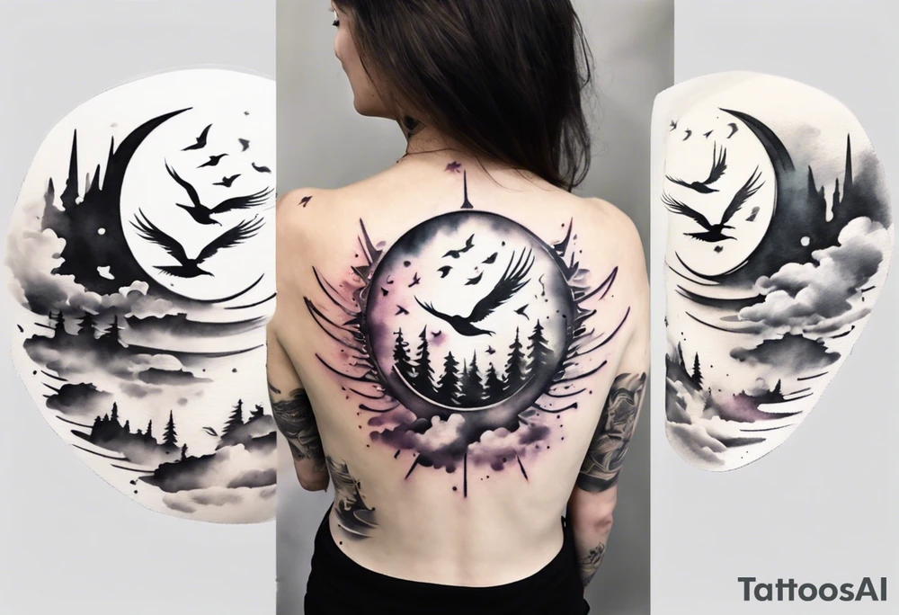 a shoulder round shape tattoo with lots of rays of light in gradient starting from the middle
, clouds and birds flying free tattoo idea