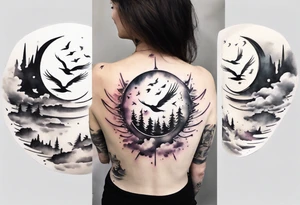 a shoulder round shape tattoo with lots of rays of light in gradient starting from the middle
, clouds and birds flying free tattoo idea
