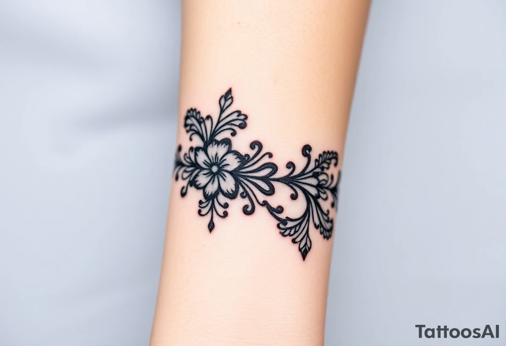 A delicate black lace band wrapped around the wrist, featuring intricate floral and filigree patterns tattoo idea