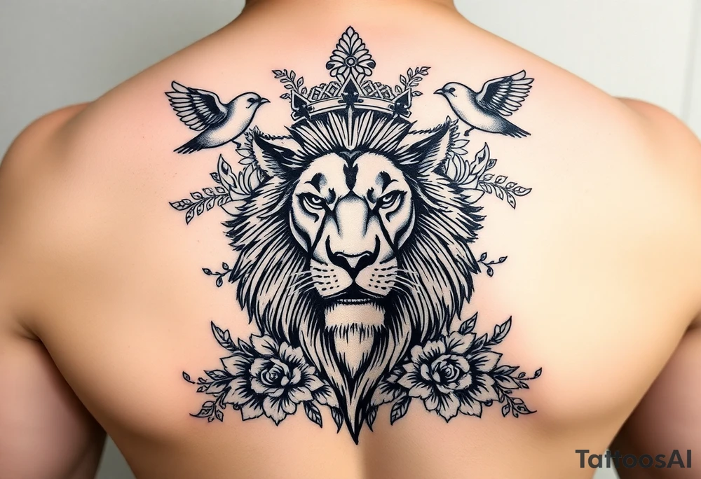 powerful majestic lion with a crown, surrounded by floral ornaments and birds tattoo idea