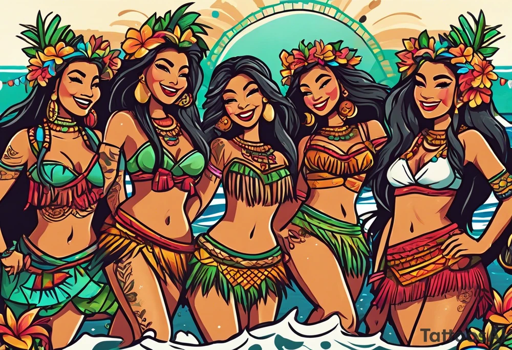 hulu tiki party with dancing tiki guys and sexy tiki girls on a beach with music notes and confetti around a blank space in the middle tattoo idea