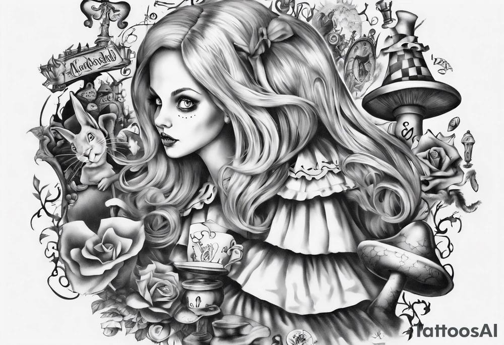 Alice in wonderland mural, "Alice, Don't Get Lost In Wonderland" tattoo idea