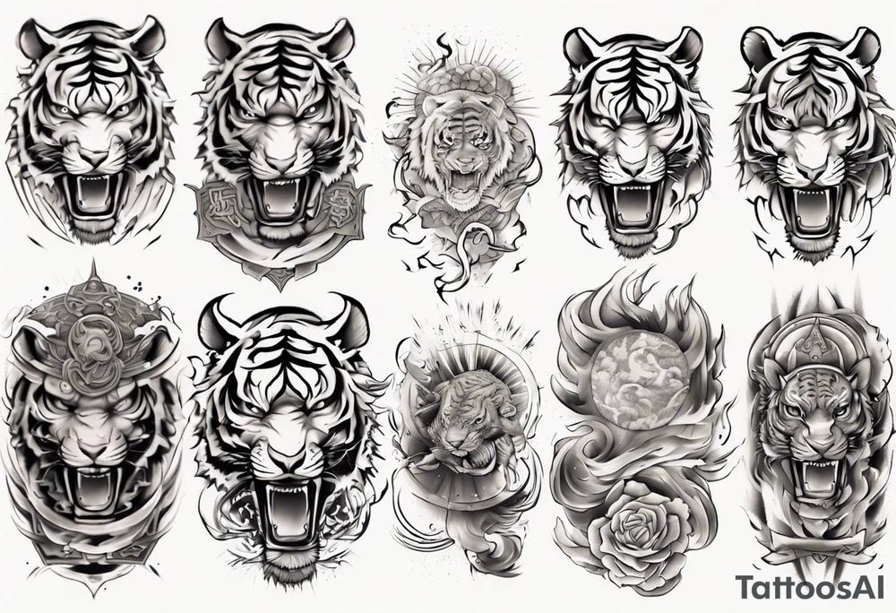Tiger Warrior sleeve tattoo with lightning and the sun
Forearm sleeve tattoo idea