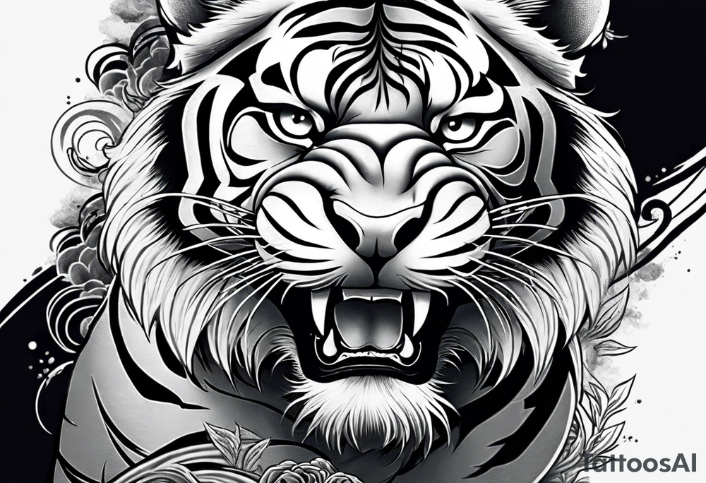 Asian Japanese Chinese style tiger with a full body not just head twisting body for a forearm half sleeve, clouds tattoo idea
