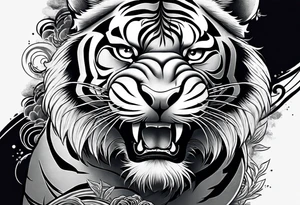 Asian Japanese Chinese style tiger with a full body not just head twisting body for a forearm half sleeve, clouds tattoo idea