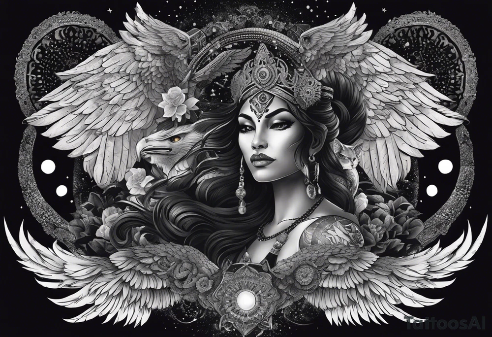 black kali, goddess pirate, alien, angel, pachamama, valkrye, warrior, flying, skull, lotus azul, wing, eagle, zenza resonance, stars, 5D, anahata chakra, death, durga, riding on a tiger, flying lady, kundalini, chest tatoo, samuri, rebel,s erpent tattoo idea