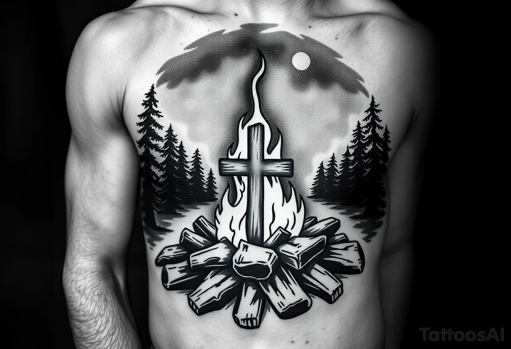 Campfire with cross hidden in the flames include the great outdoors and night sky make sure cross doesn't look like it is on fire tattoo idea