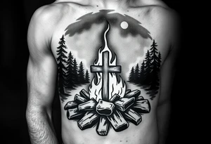 Campfire with cross hidden in the flames include the great outdoors and night sky make sure cross doesn't look like it is on fire tattoo idea