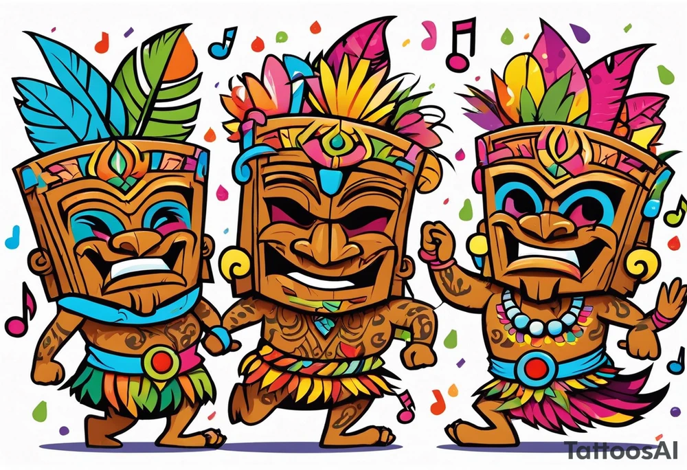 tiki party with dancing tiki guys and sexy tiki girls with music notes and confetti tattoo idea