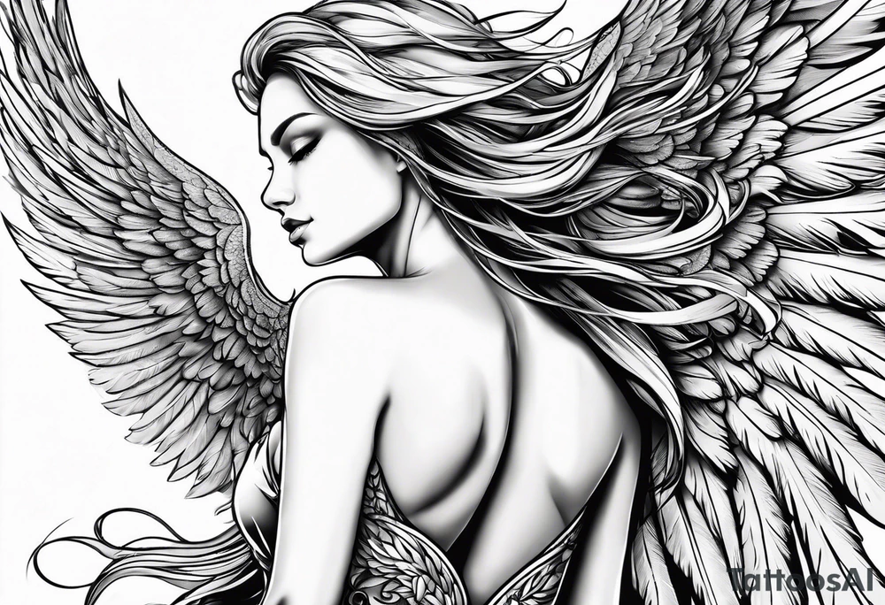 angel woman with big wings, full body, flying on the sky, looking right side , we  can see right profile tattoo idea