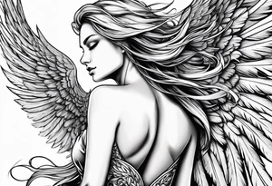 angel woman with big wings, full body, flying on the sky, looking right side , we  can see right profile tattoo idea
