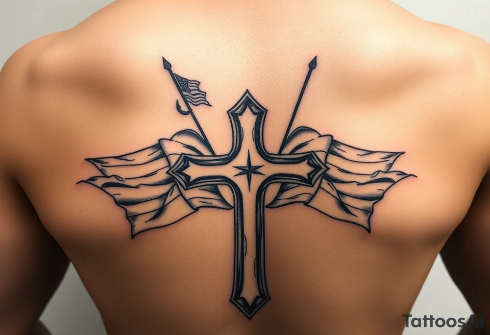realistic military battlefield cross, with Navy and marine corps flags in the background tattoo idea