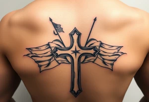 realistic military battlefield cross, with Navy and marine corps flags in the background tattoo idea