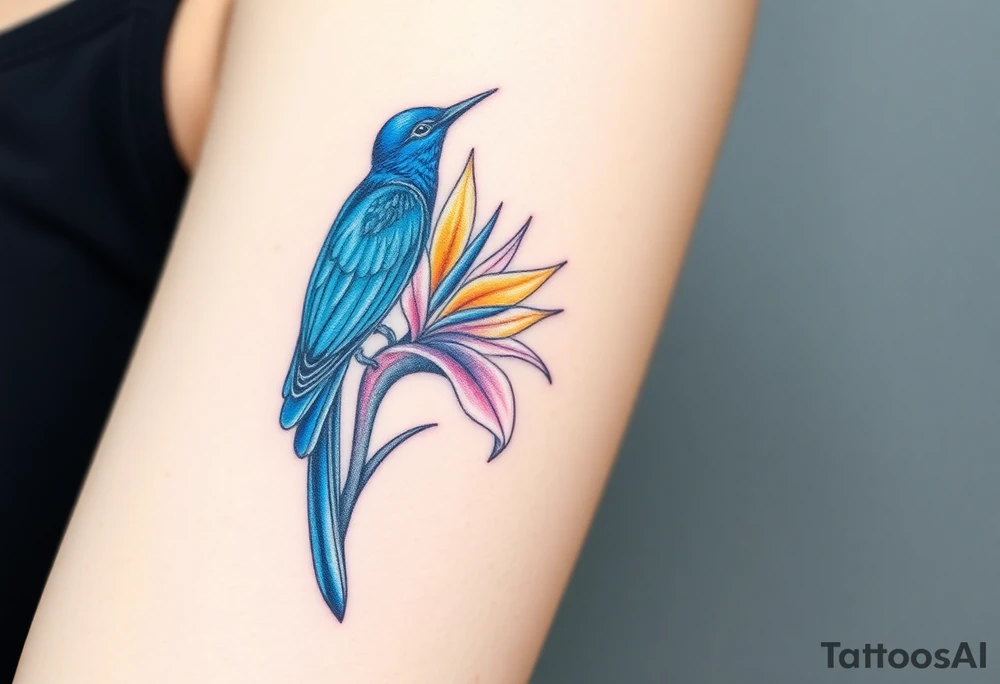 Bird of paradise flower with blue bird tattoo idea