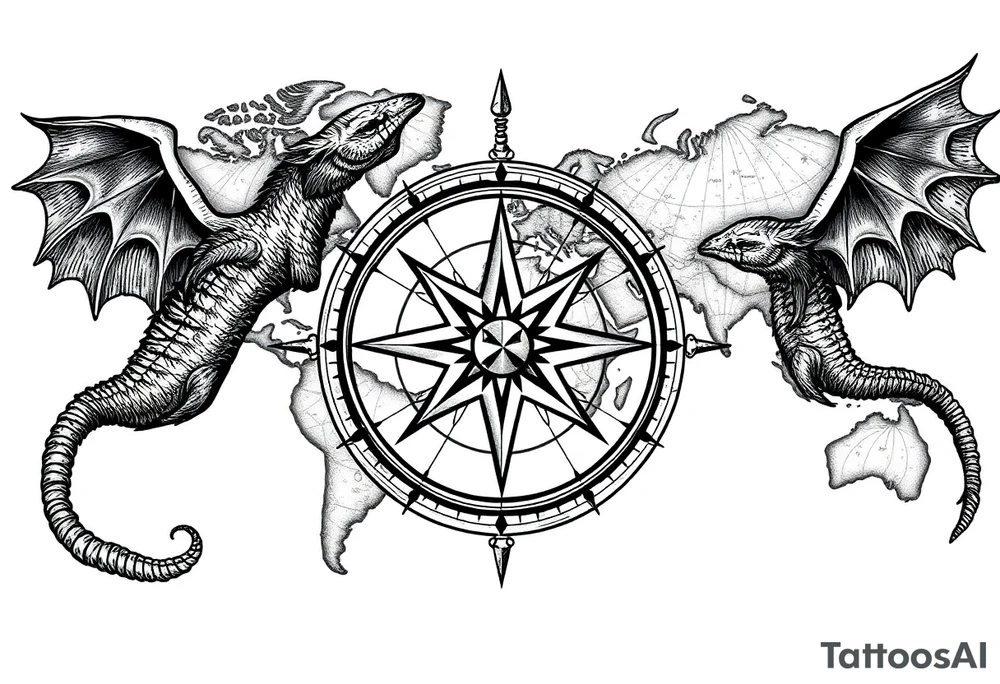 antique compass rose overlaid on weathered fictional world map with mythical sea creatures tattoo idea
