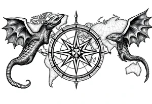 antique compass rose overlaid on weathered fictional world map with mythical sea creatures tattoo idea