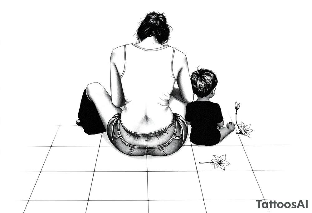 a tile floor with a minimalist realistic silhouette of the back of a thin woman sitting curled on the tile floor and a black silhouette of a young child sitting next to her with a lily next to them on the floor. The woman is wearing a Racerback tank top, running shorts, has dark hair pulled up high, and her head is down. tattoo idea