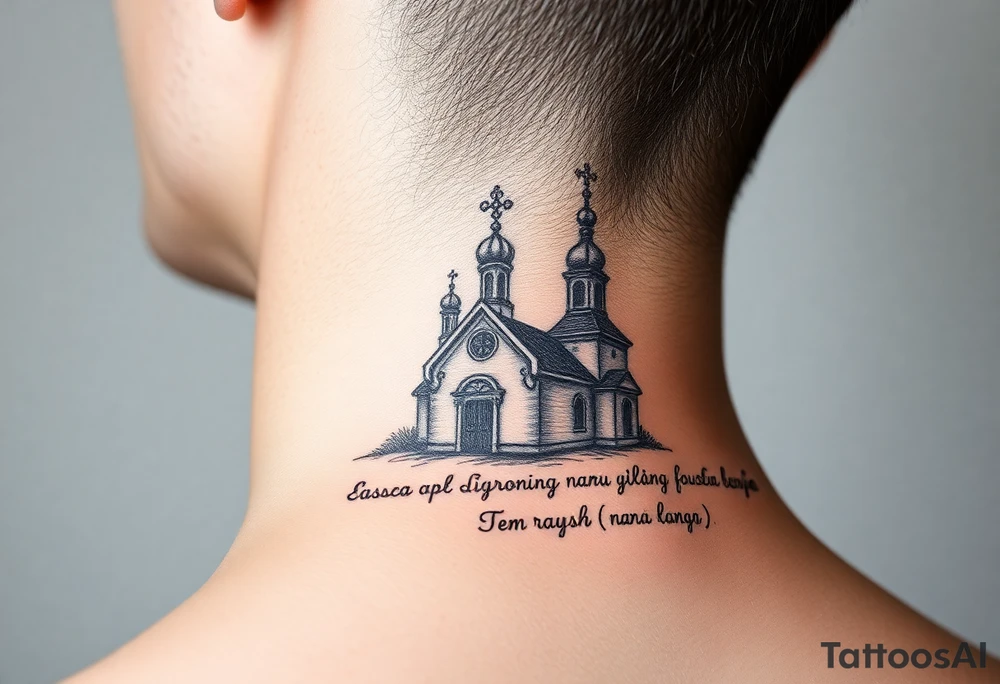 rusian orthodox domes church with a virgin mary in a russian rural village with Church Slavonic script or Cyrillic text — a prayer or meaningful phrase running along the sides tattoo idea