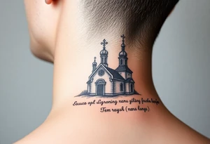 rusian orthodox domes church with a virgin mary in a russian rural village with Church Slavonic script or Cyrillic text — a prayer or meaningful phrase running along the sides tattoo idea