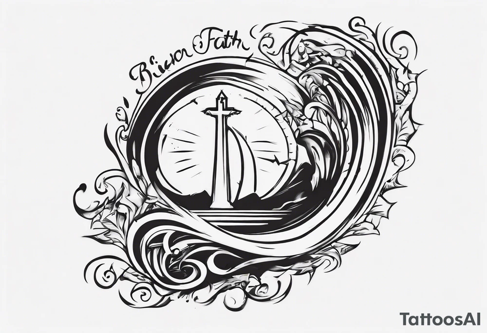 Horizontal inner bicep tattoo. “walk by faith, not by sight” stairwell wrapping around the quote. This design captures the essence of the journey guided by faith. tattoo idea