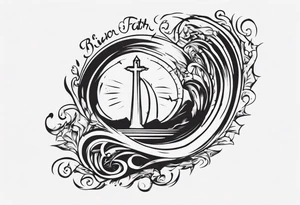 Horizontal inner bicep tattoo. “walk by faith, not by sight” stairwell wrapping around the quote. This design captures the essence of the journey guided by faith. tattoo idea