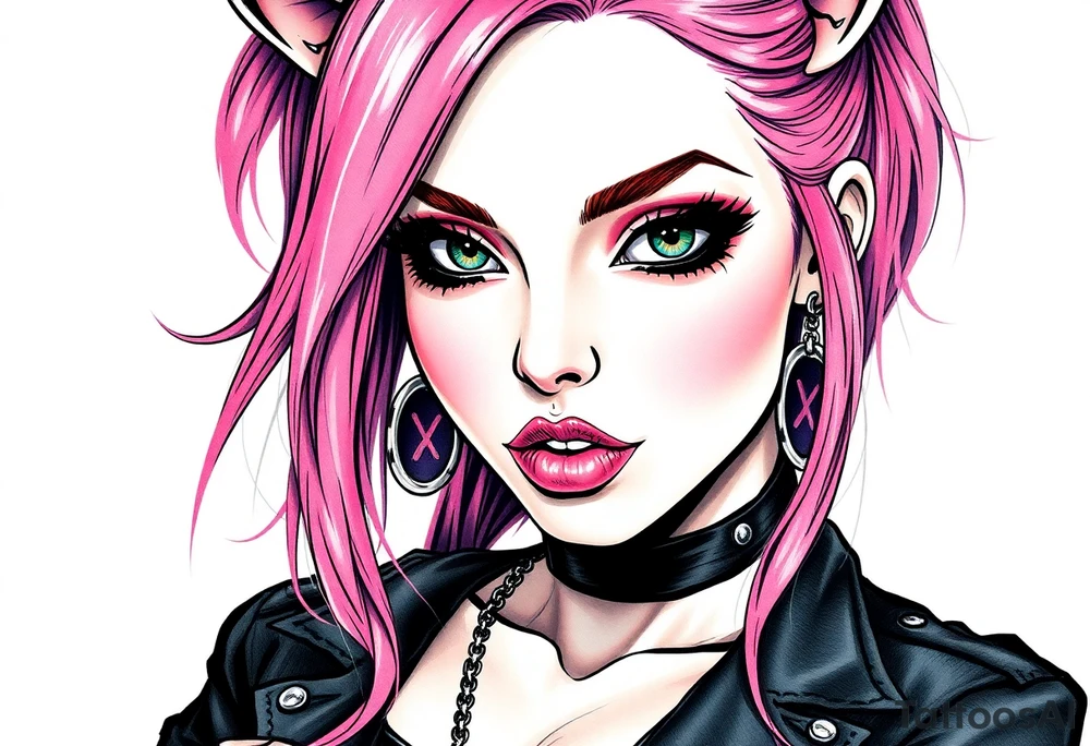 hot goth girl with puppy ears and with piercings on face and big boobs and big butt full body 
 with black outfit on with pink hair tattoo idea