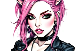 hot goth girl with puppy ears and with piercings on face and big boobs and big butt full body 
 with black outfit on with pink hair tattoo idea