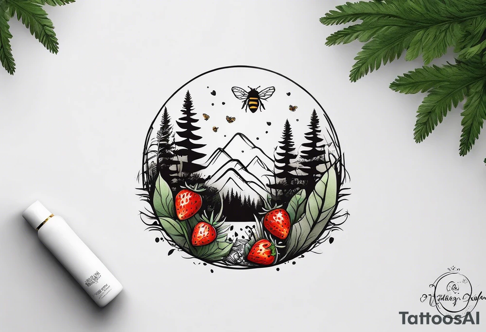 forest floor inspired minimalist tattoo, which includes grass, curly ferns and dead leaves as the bulk of the tattoo. details to include: three very tiny strawberries, a tiny bumblebee flying nearby, three small brown mushrooms tattoo idea