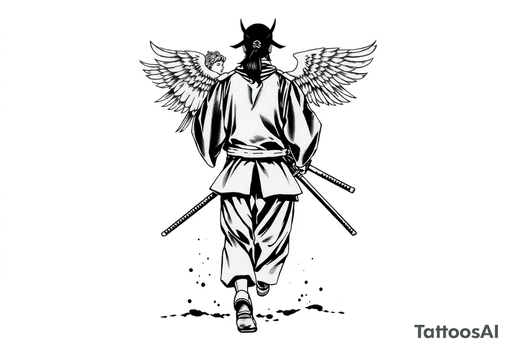 A blackwork tattoo depicting a samurai walking forward from behind. The samurai is dressed in a traditional kimono and hakama, holding two long katanas in a relaxed yet combat-ready stance. A small angel with detailed feathered wings is pushing him from behind. Strong contrast, dynamic ink splashes, sumi-e brushstrokes, a minimalist white background, dramatic lighting, an emotional and symbolic composition, and highly detailed linework. tattoo idea