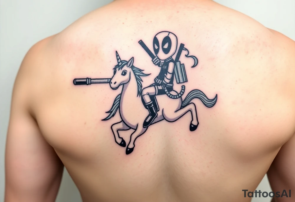 Deadpool riding unicorn pointing rocket propelled grenade launcher tattoo idea