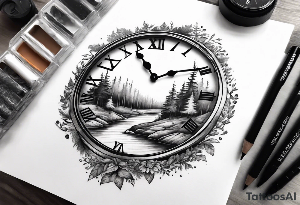 Sleeve design, forest, river, clock tattoo idea