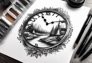 Sleeve design, forest, river, clock tattoo idea