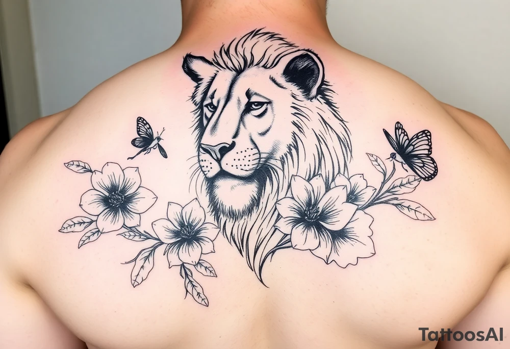 a lioness with frangapanis and fairys tattoo idea