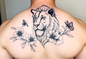 a lioness with frangapanis and fairys tattoo idea