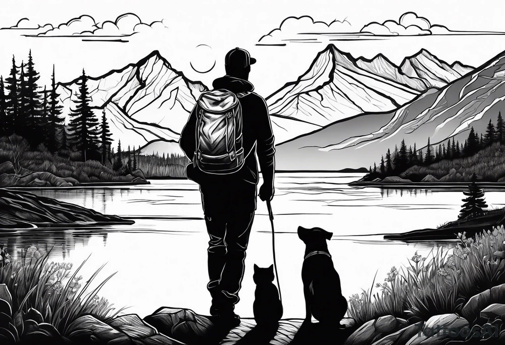 nature, sunset, mountains, a father and son hiking with their dog and cat by the water tattoo idea