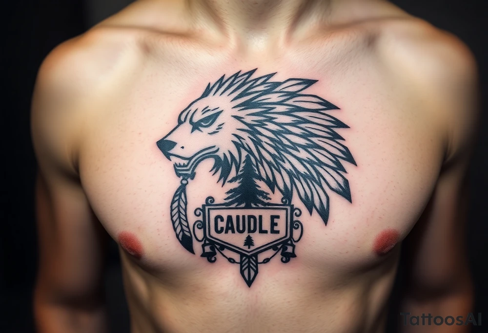 Native American tribal symbol ( wolf, eagle, bear, tree, etc ) with a Caudle emblem or crest tattoo idea