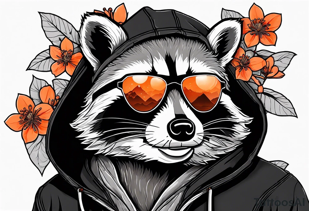 Raccoon wearing a white Superman logo on a black hoodie and orange Japanese cherry blossoms beside tattoo idea