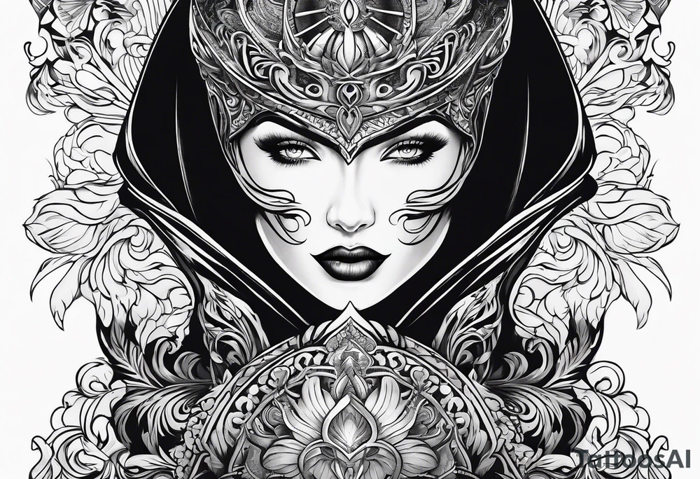 Shadow cloak protecting beautiful dagger tattoo idea