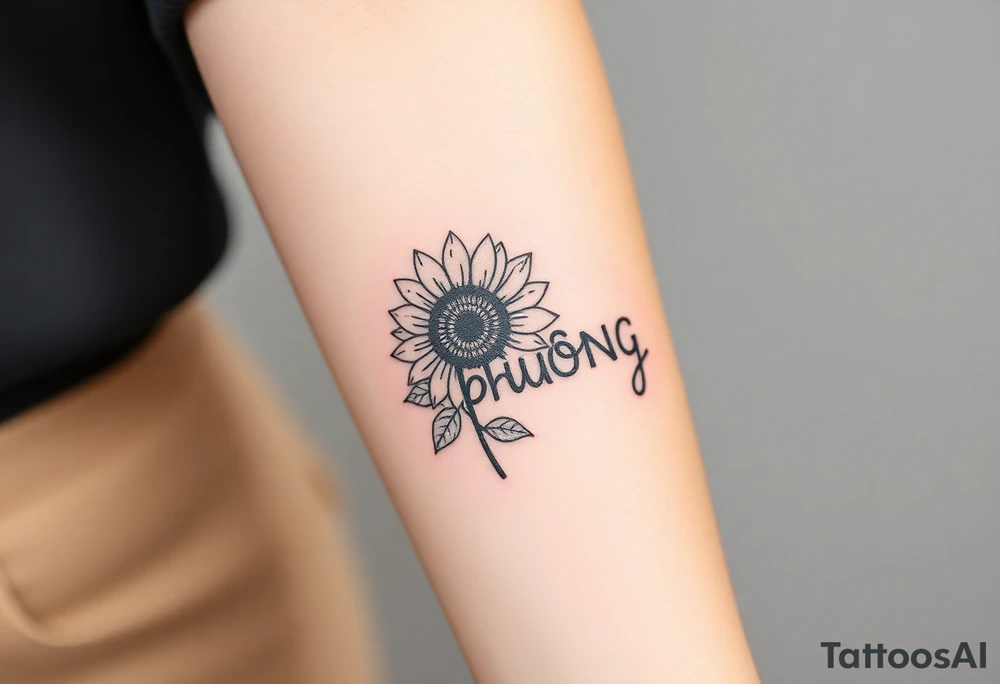 Word "PHUONG" written vertical with the sunflower. tattoo idea