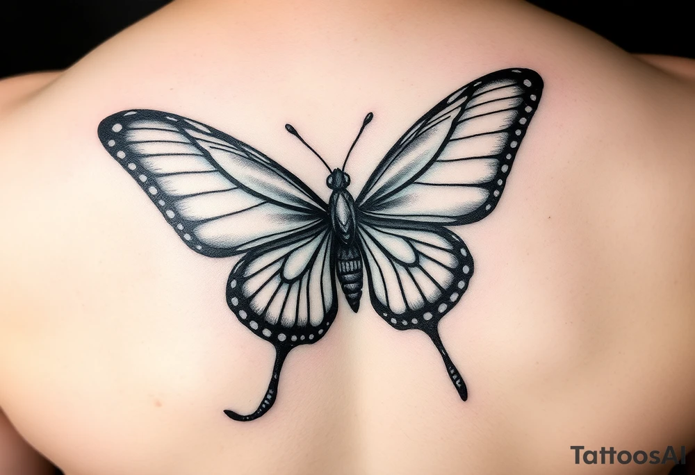 ethereal butterfly with flowing silk ribbons in moonlight tattoo idea