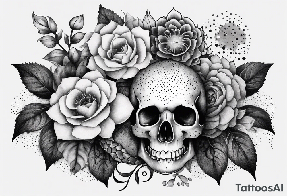 Flowers, potions, small skull, big flowers small snake with dot work in between tattoo idea