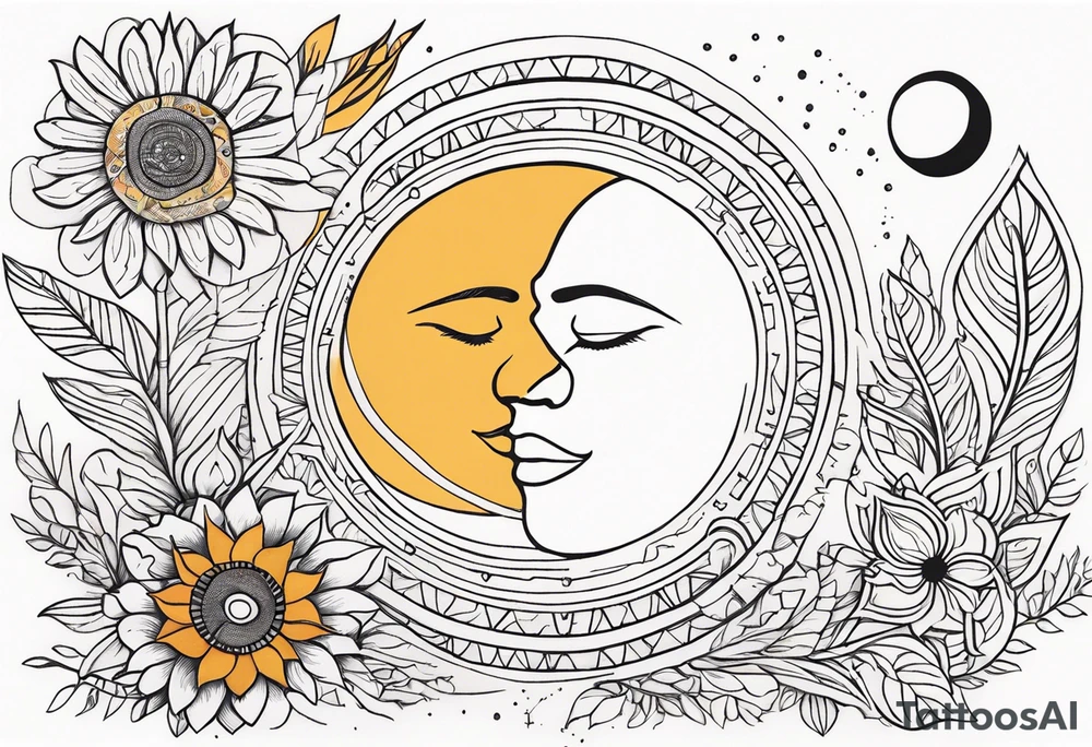 moon and sun painted with Anishinaabe floral all over tattoo idea