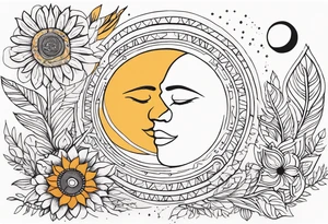 moon and sun painted with Anishinaabe floral all over tattoo idea