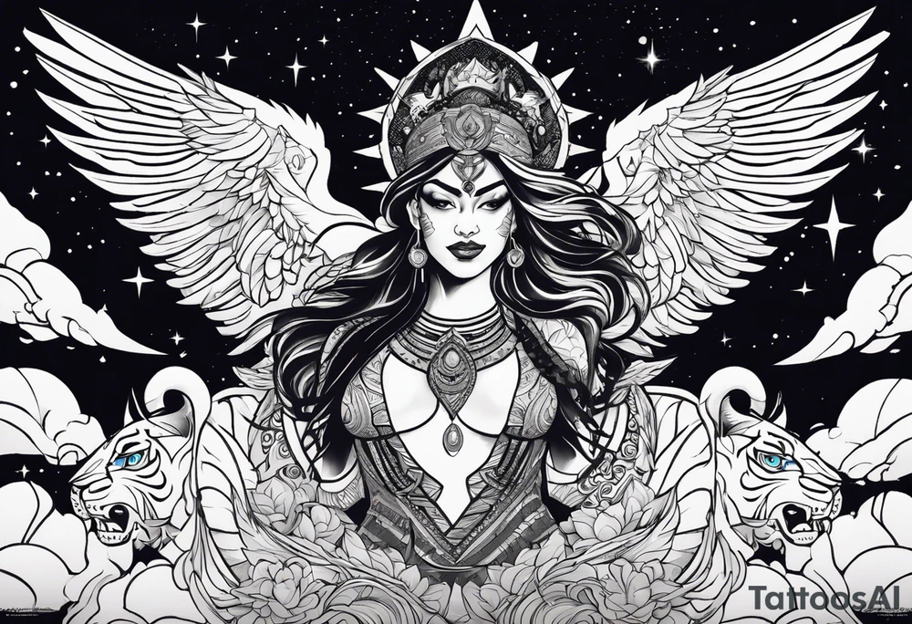 black kali, goddess pirate, alien, angel, pachamama, valkrye, warrior, flying, skull, lotus azul, wing, eagle, zenza resonance, stars, 5D, anahata chakra, death, durga, riding on a tiger, flying lady tattoo idea
