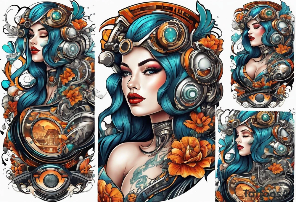 buxom model with full body, retro futuristic, travel and movies tattoo idea