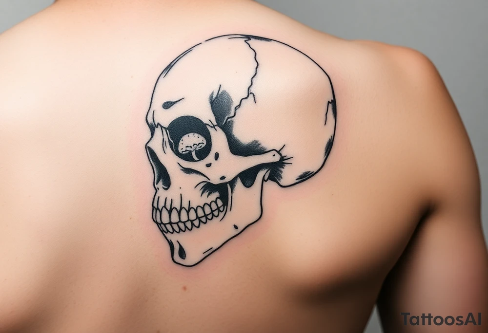 left side of a skull with cordyceps fungus out of its eyes and mouth tattoo idea