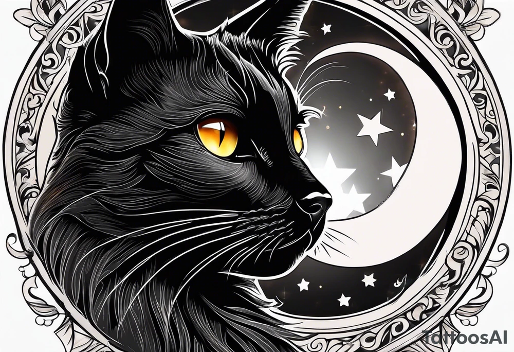 Photo realistic black cat head with moon and stars tattoo idea