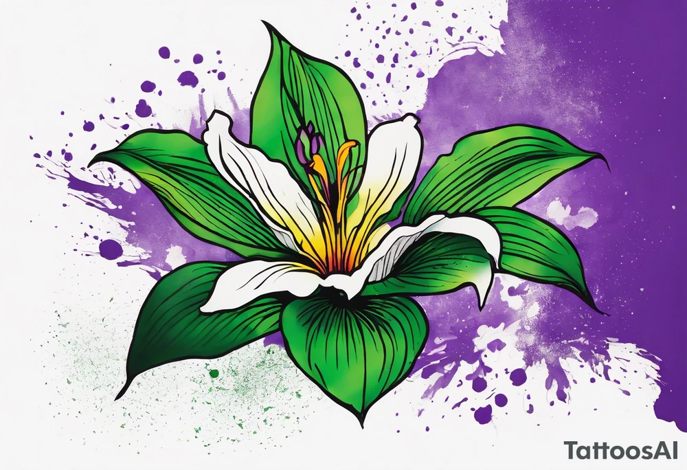 A mystical outline of a rio dipladenia flower and a green/purple watercolor splash in the background tattoo idea