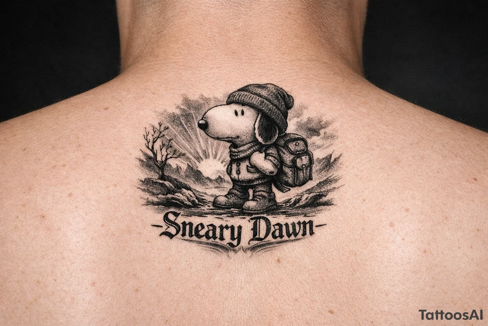 Snoopy with saying Sneary Dawn tattoo idea
